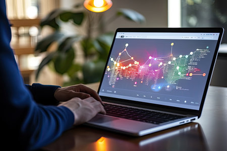 Businessman working on laptop at home office, closeup of the screenの素材
