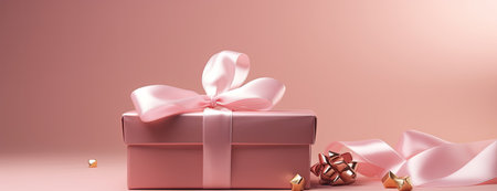 Gift box with pink ribbon and bow on a pink backgroundの素材