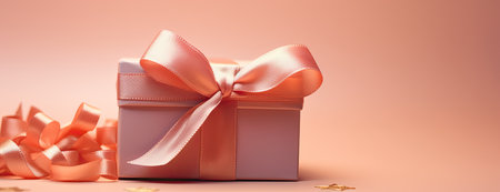 Gift box with ribbon bow on pink background.の素材