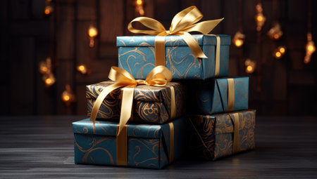 Gift boxes with golden ribbons on wooden table. Christmas background.の素材