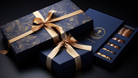 Luxury gift boxes with gold ribbon and bow on black backgroundの素材