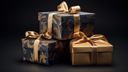 Gift boxes with gold ribbons on black background.の素材