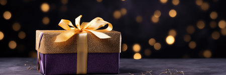 Gift box with golden bow on dark background with bokehの素材