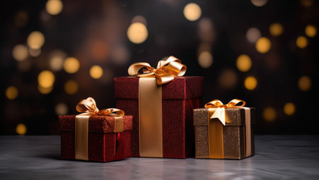 Gift boxes with gold ribbons on a bokeh backgroundの素材