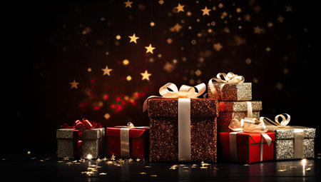 Gift boxes and stars on dark background with bokeh effectの素材