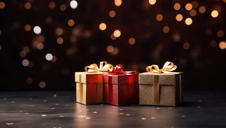 Gift boxes on bokeh background. Christmas and New Year holidaysの素材