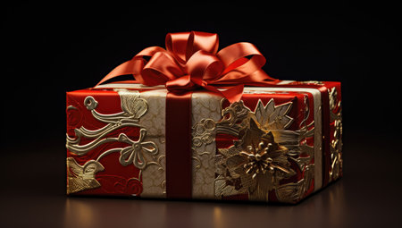 Gift box with a red bow on a dark background. Festive concept.の素材
