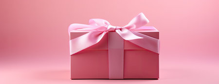 Pink gift box with pink bow on pink background,の素材