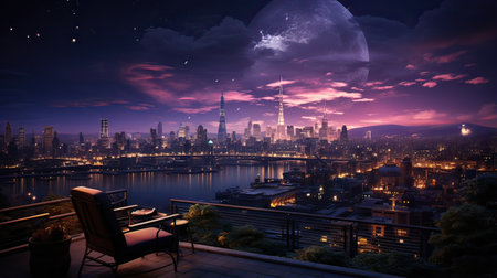 Night view of the New York City skyline from a rooftop overlooking Manhattan.の素材