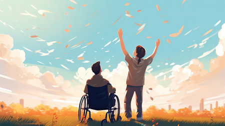 Back view of disabled man in wheelchair and woman with raised hands.の素材