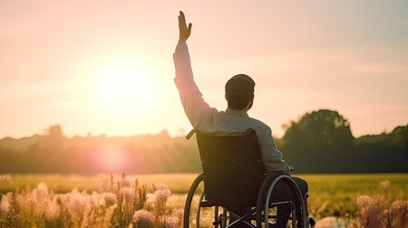 Rear view of disabled man sitting in wheelchair and raising hands up at sunset.の素材