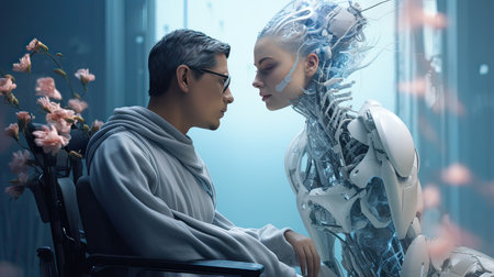 Conceptual image of a man and a Robot woman in a medical gown.の素材