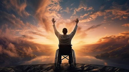 Rear view of disabled man sitting on a wheelchair with raised hands.の素材