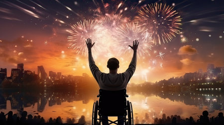Back view of disabled man in wheelchair looking at fireworks in night skyの素材