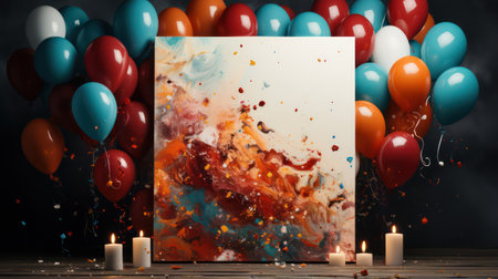 Blank poster with colorful balloons, confetti and candles on wooden tableの素材