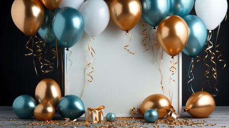 Blue and golden balloons, ribbons, confetti and gift box on white wooden backgroundの素材