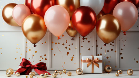 Red and gold balloons, gift box and confetti on white backgroundの素材