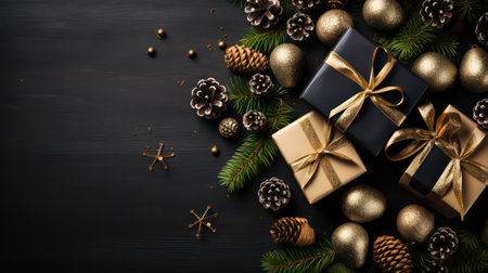 Christmas or New Year decoration on black wooden background. Top view with copy space.の素材