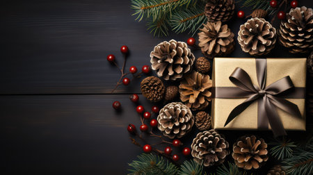 Christmas background. Gifts, pine cones, berries on a black wooden background.の素材
