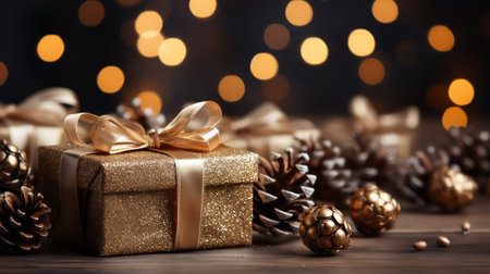 Christmas gift box with golden bow on bokeh lights background.の素材