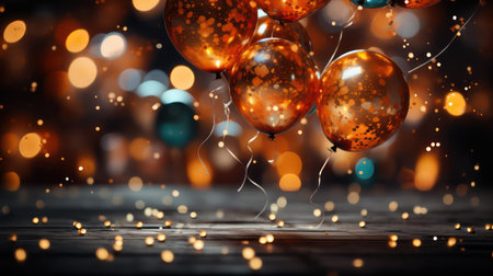 Colorful balloons on wooden table with bokeh lights in backgroundの素材