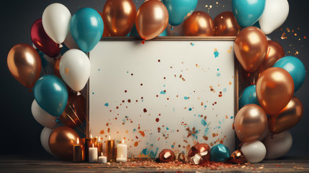Blank frame with balloons, confetti and candles on wooden tableの素材