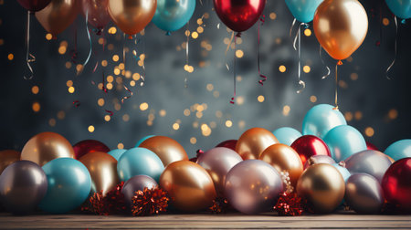Christmas and New Year background with bokeh lights and colorful balloons.の素材