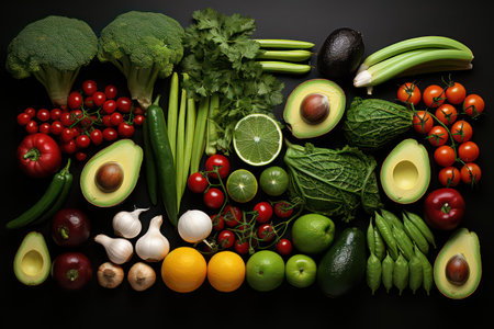 Composition with variety of fresh organic vegetables on dark background, top viewの素材