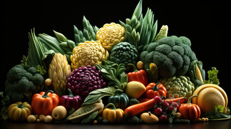 Composition with variety of fresh vegetables on black backgroundの素材