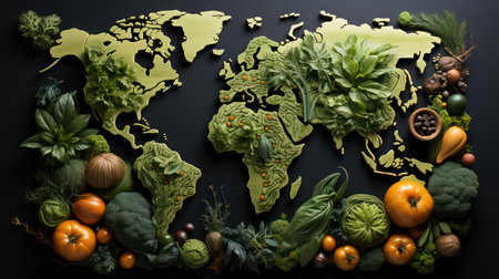 Vegetables and map of the world. Healthy food concept.の素材