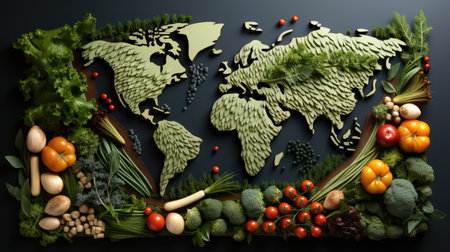 Healthy food and World map made of vegetables and herbs on dark backgroundの素材