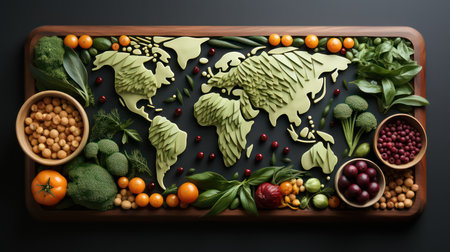 Healthy food and world map made of vegetables and fruits on dark backgroundの素材