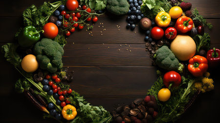 Healthy food background. Vegetables, fruits and berries on dark wooden backgroundの素材