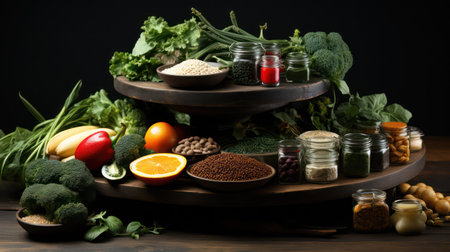 Healthy food background. Vegetables, fruits and other foodstuffs on wooden table.の素材