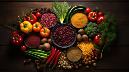 Healthy food background. Fresh vegetables and spices on wooden table.の素材