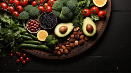 Healthy food background. Assortment of fresh organic vegetables and fruits on black wooden table.の素材