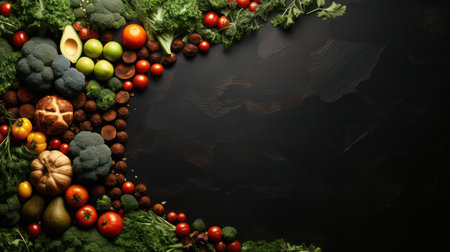 Composition with variety of organic vegetables on dark background. Balanced dietの素材