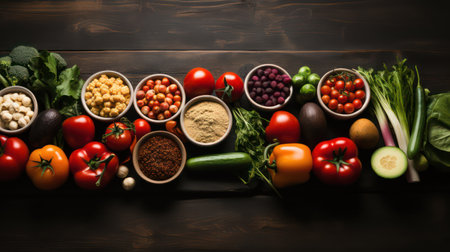 Composition with variety of raw organic vegetables and fruits. Balanced dietの素材