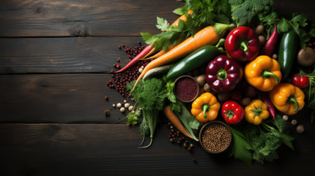 Fresh vegetables on black wooden background. Top view with copy space.の素材
