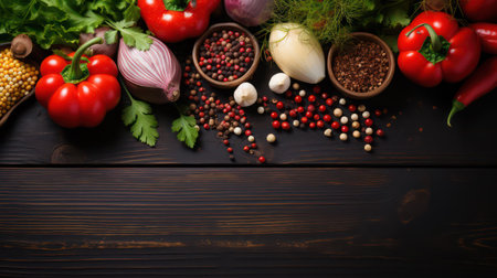 Fresh vegetables and spices on a wooden background. Top view with copy space.の素材