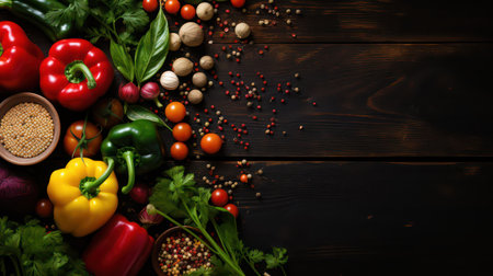 Fresh vegetables and spices on dark wooden background. Top view with copy spaceの素材