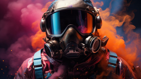 Portrait of a fireman in a gas mask on a dark backgroundの素材