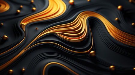 Abstract black background with golden waves and pearlsの素材