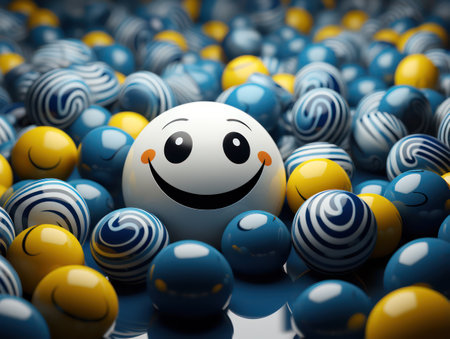 Smiley face surrounded by blue and yellow spheres.の素材
