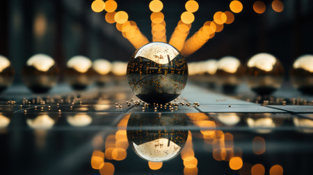 Crystal ball on a chessboard with reflection on a dark background.の素材