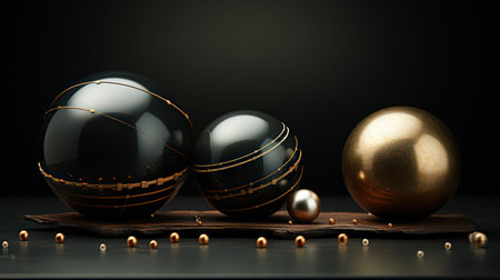 Golden christmas balls on black background with copy spaceの素材