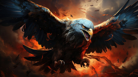 An eagle flying over a burning forest with flamesの素材