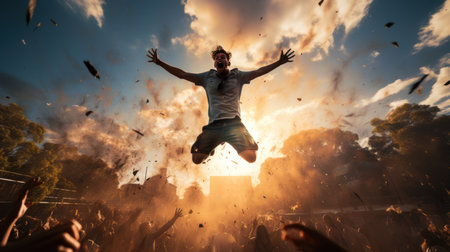 Emotional young man jumping in the air on a soccer field.の素材