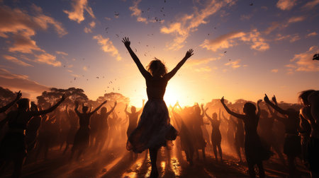 Silhouette of a girl dancing at a music festival on a sunset backgroundの素材
