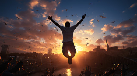 Silhouette of man jumping in the air with sunset sky backgroundの素材